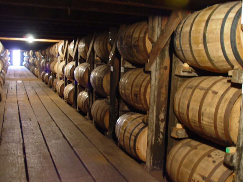bourbon barrels in warehouse